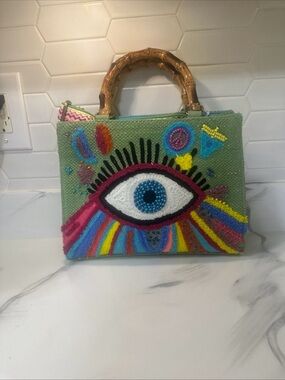 Handcrafted Green Beaded Eye Tote with Bamboo Handles